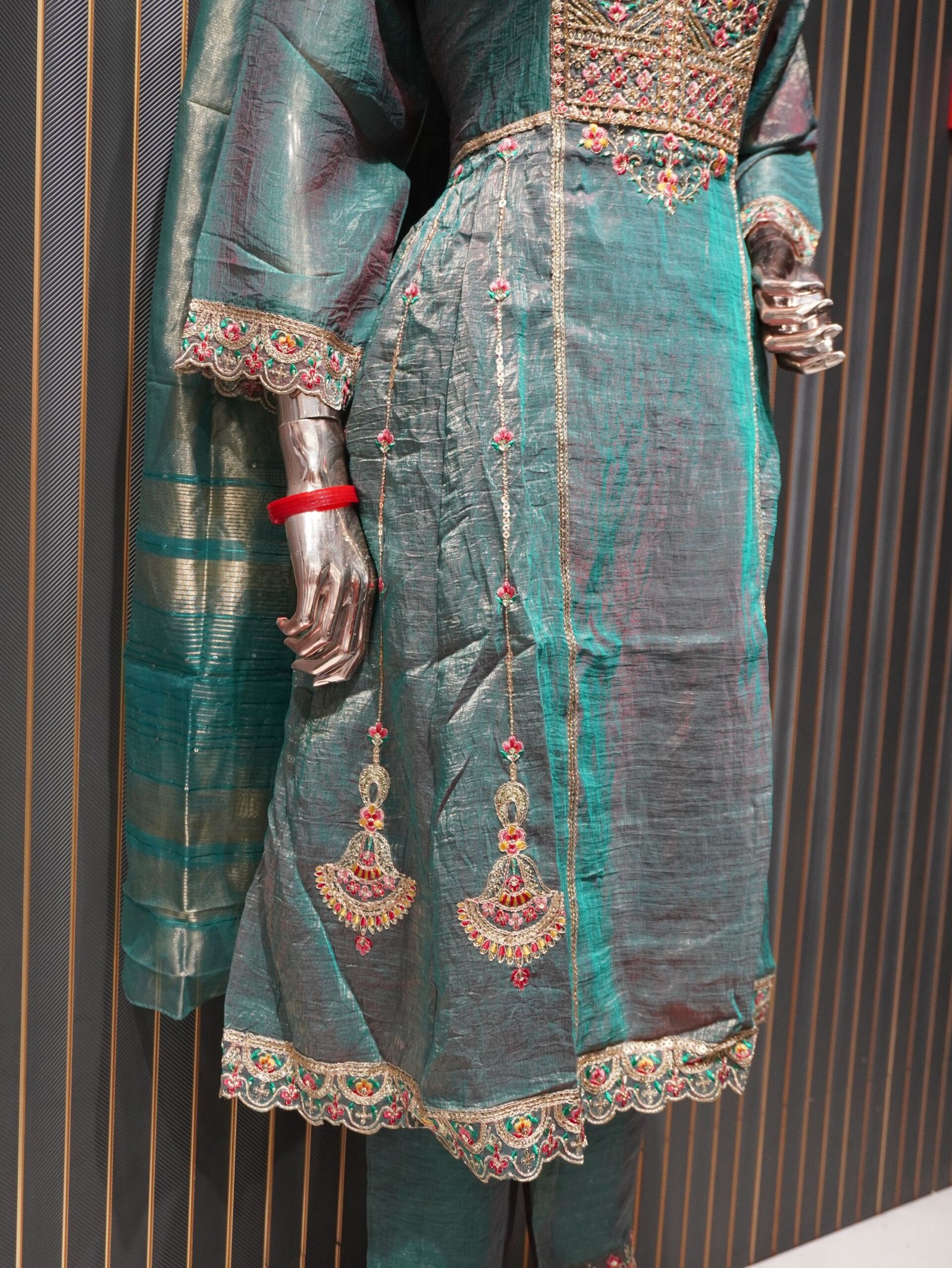 Simar Silk Kurta Pant Dupatta Set (Teal Green) - Image 6
