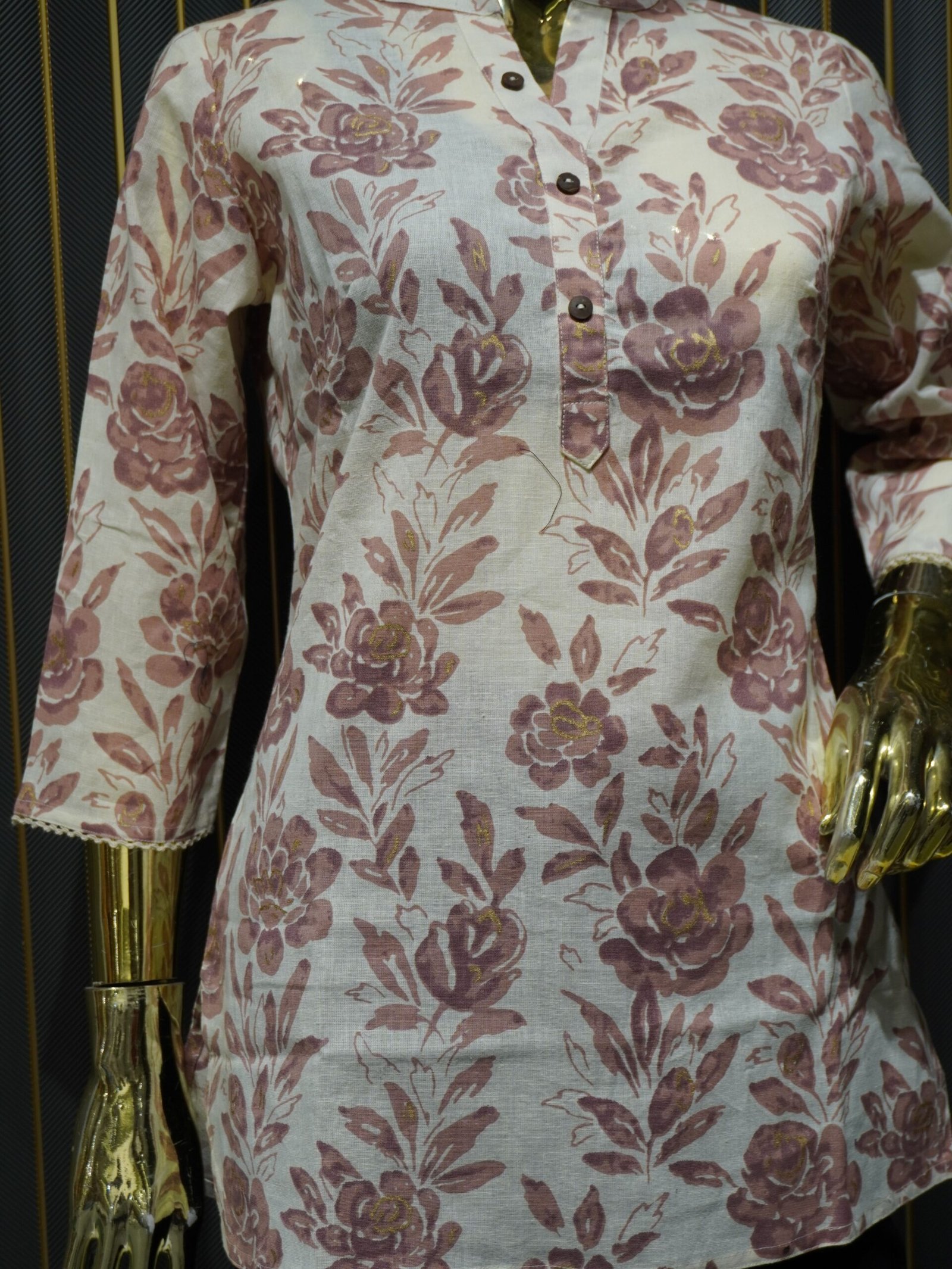 Floral Printed Short Kurti (Off White & Pink) - Image 3