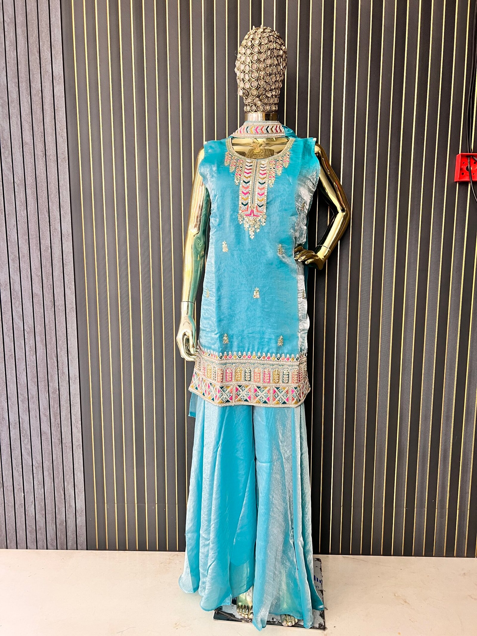Women’s Butter Fendy Silk Kurti Set (Sky Blue)