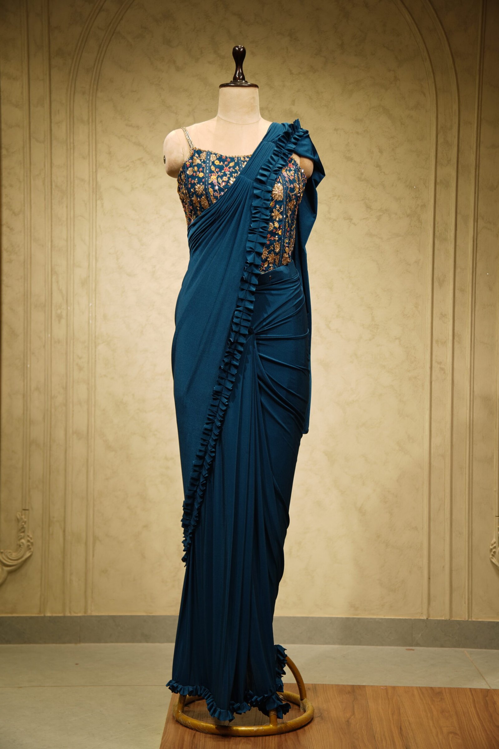 Women’s Designer Ruffle Saree (Blue)